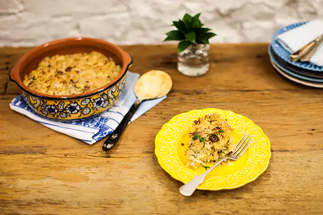 Arroz de forno com frango defumado (reaproveitamento)