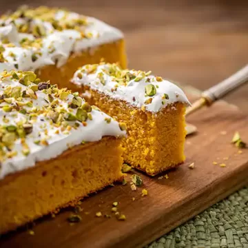 Bolo de cenoura com merengue e pistache