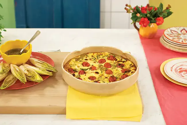 Receita de Clafoutis de abobrinha com tomate e queijo minas