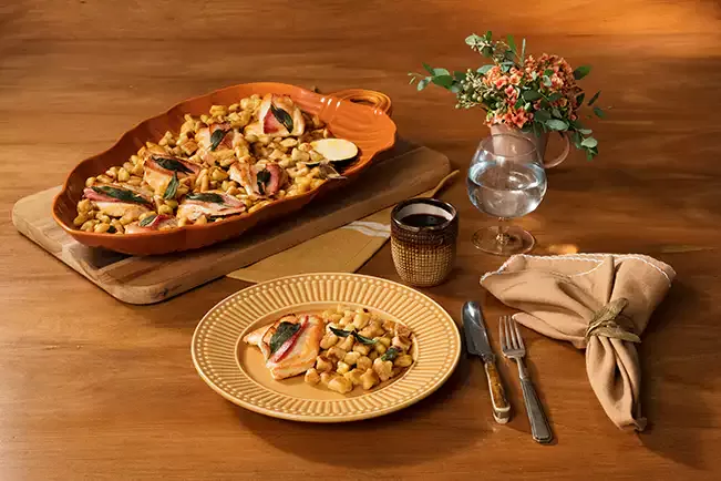 Receita de Nhoque de grão-de-bico com saltimboca de frango