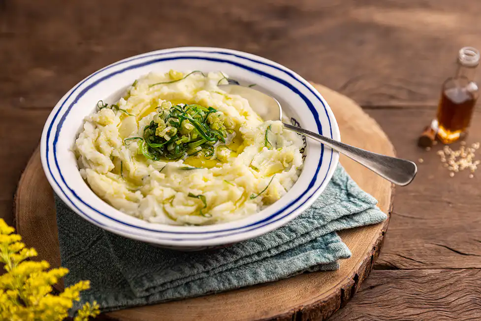 Purê de batata com azeite e alho-poró