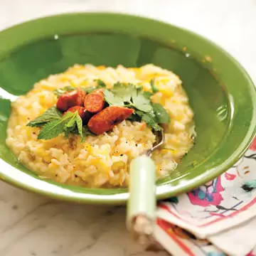 Risoto de alho-poró com linguicinha calabresa