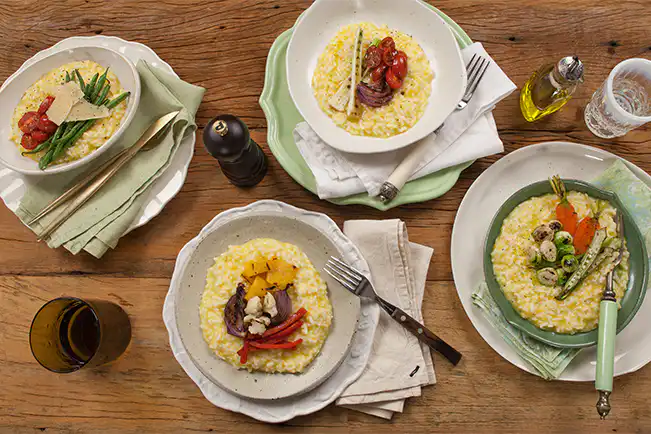 Risoto na pressão com legumes grelhados