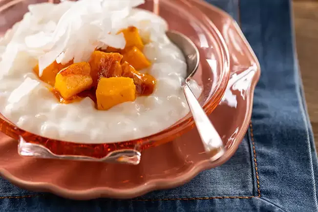 Receita de Sagu de coco com manga grelhada