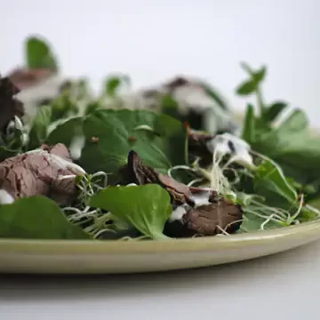Salada de agrião com rosbife e molho de raiz-forte