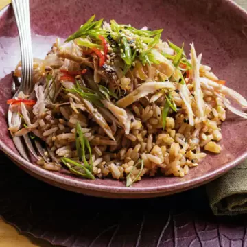 Salada oriental de arroz com frango para um