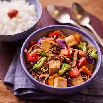 Tofu salteado com cogumelos e vegetais (tōfu yasai itame)