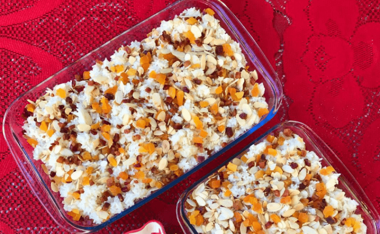 Arroz com amêndoas, bacon e damasco