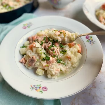 Risoto de palmito e salmão